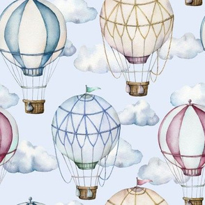 Vintage hot air ballons with clouds on blue background