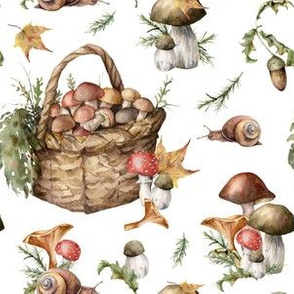Mushroom hunting pattern with snail, acorn