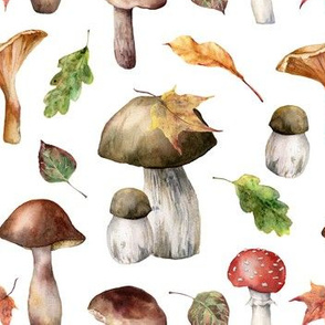 Mushrooms and fall leaves watercolor pattern. Autumn harvest