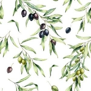 Olive branches berries pattern on white background