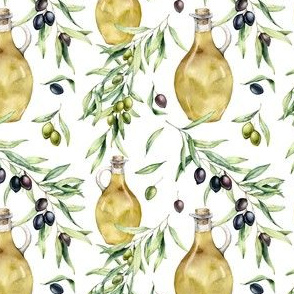 Olive branches, leaves, olive oil watercolor pattern. Green and black olives with leaves