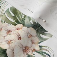 Orchid bouquets and tropical leaves pattern