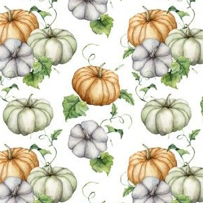 Pumpkins pattern with orange, grey and green pumpkin, leaves . Autumn fall halloween thanksgiving ornament