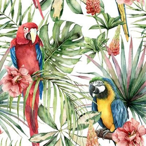 Parrots with tropical leaves and flowers