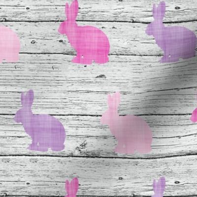 pink and purple bunny grey wood