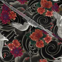 small // Japanese cranes, peonies and clouds in color on grey