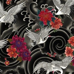 small // Japanese cranes, peonies and clouds in color on grey