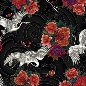 small // Japanese cranes, peonies and clouds in color on black