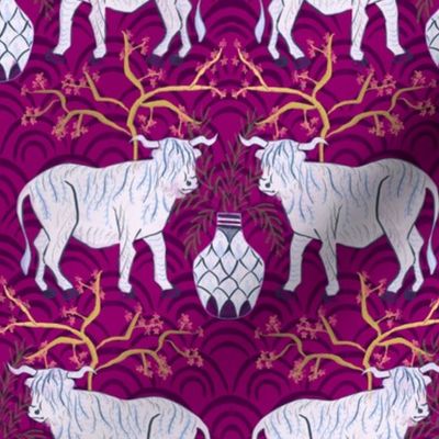 Chinoiserie oxen in magenta (medium)