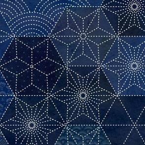 Sashiko Large- Japanese Patchwork- Geometric Embroidery-Navy- Indigo- Blue- Large Scale- Home Decor