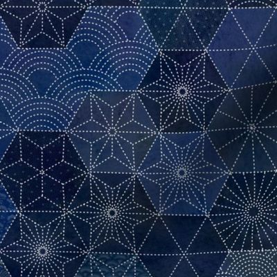 Sashiko Medium- Japanese Patchwork- Geometric Embroidery-Navy- Indigo- Blue- Home Decor