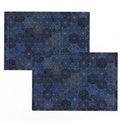 Sashiko Medium- Japanese Patchwork- Geometric Embroidery-Navy- Indigo- Blue- Home Decor