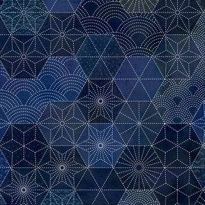 Sashiko Small- Japanese Patchwork- Geometric Embroidery- Navy- Indigo- Blue