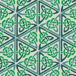 Celtic knot hexagons, blue-green on ivory