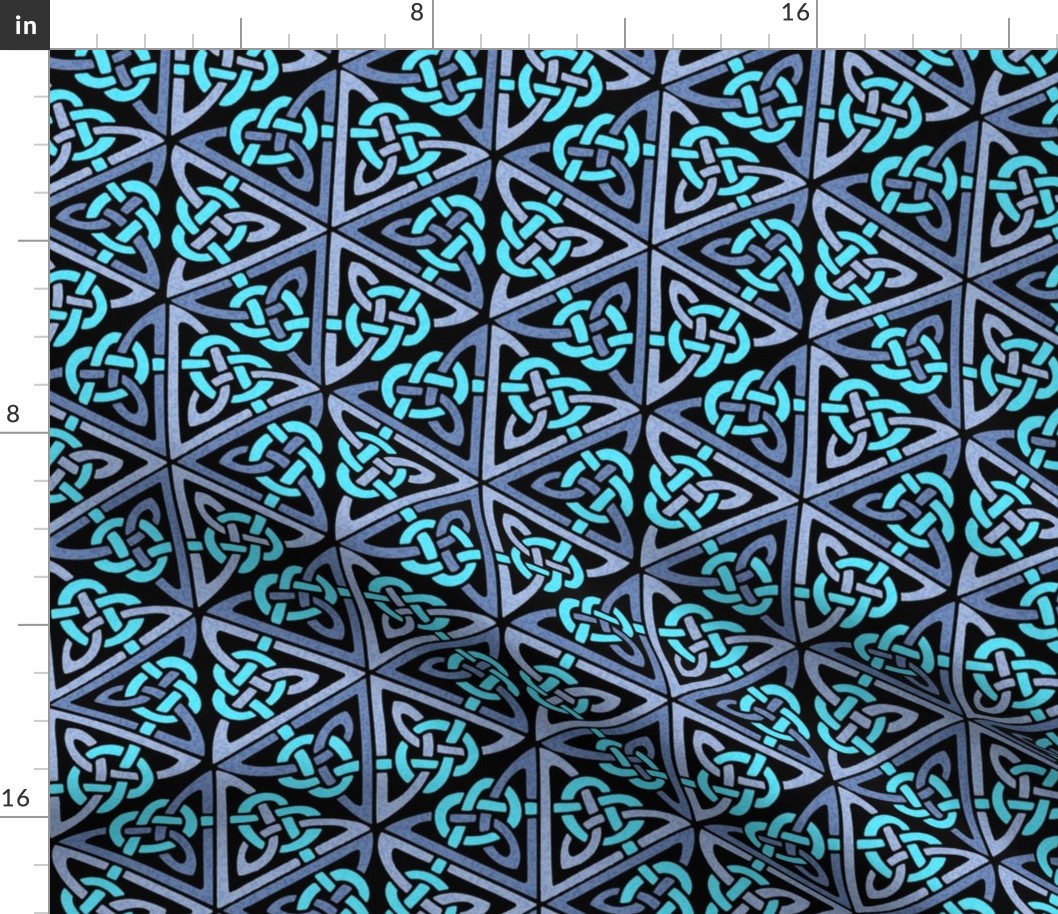 Celtic knot hexagons, blues on black