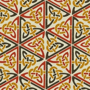 Celtic knot hexagons: red, black, and gold