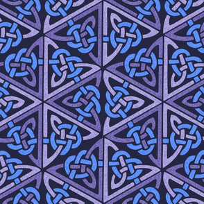 Celtic knot hexagons, turquoise and muted violet on black