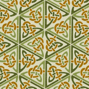 Celtic knot hexagons, green and deep gold on ivory