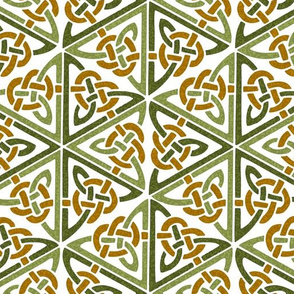 Celtic knot hexagons, green and deep gold on white
