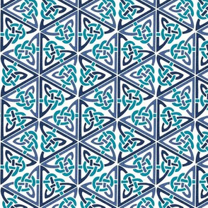 9W Celtic knot hexagons, turquoise and midnight blue on white