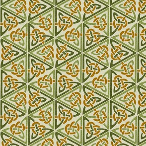 9W Celtic knot hexagons, green and deep gold on ivory