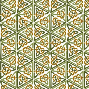 smaller Celtic knot hexagons, green and deep gold on white