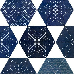 Sashiko White and Blue Large-Japanese Patchwork- Geometric Embroidery-Navy- Indigo- Home decor