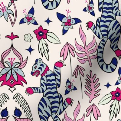  Exotic tigers among jungle leaves and tiger lily flowers - Blue and pink