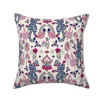  Exotic tigers among jungle leaves and tiger lily flowers - Blue and pink