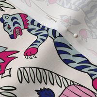  Exotic tigers among jungle leaves and tiger lily flowers - Blue and pink