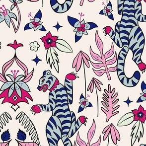  Exotic tigers among jungle leaves and tiger lily flowers - Blue and pink