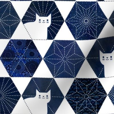 Sashiko Cats White and Blue Medium-Japanese Patchwork- Geometric Embroidery Cat-Navy- Indigo- Blue- Home decor