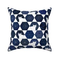 Sashiko Cats White and Blue Medium-Japanese Patchwork- Geometric Embroidery Cat-Navy- Indigo- Blue- Home decor