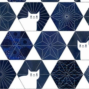 Sashiko Cats White and Blue Medium-Japanese Patchwork- Geometric Embroidery Cat-Navy- Indigo- Blue- Home decor
