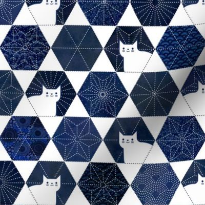 Sashiko Cats White and Blue Small-Japanese Patchwork- Geometric Embroidery Cat-Navy- Indigo- Blue