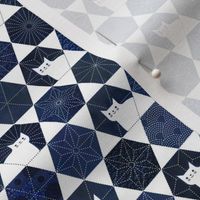 Sashiko Cats White and Blue Mini-Japanese Patchwork- Geometric Embroidery Cat-Navy- Indigo- Blue- Face Mask- Small Scale