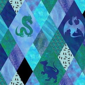 Large Scale Fantasy Dragon Cheater Quilt in Blue, Green and Purple