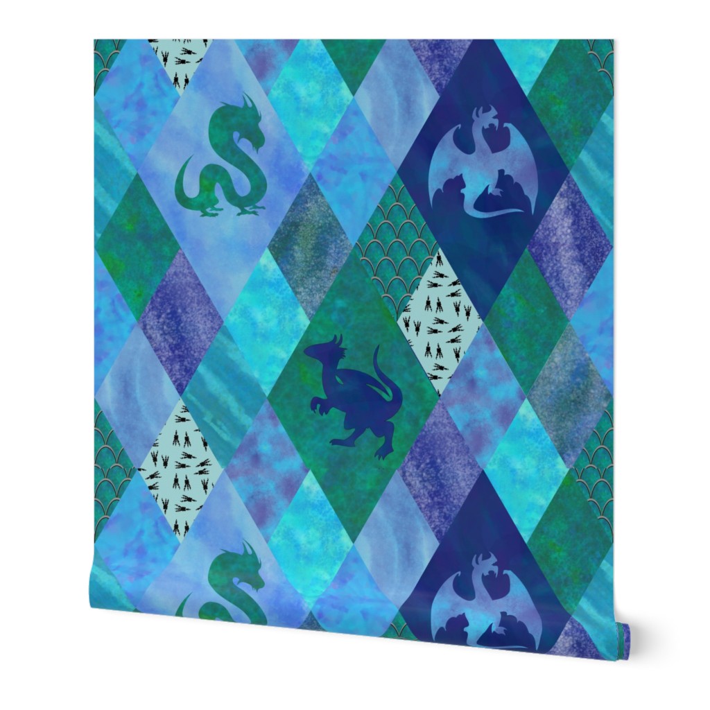 Watercolor Blue and Green Dragon Cheater Quilt