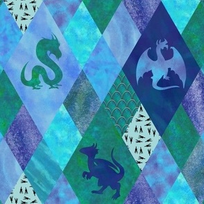 Watercolor Blue and Green Dragon Cheater Quilt