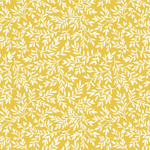 white on mustard yellow swirling leaves