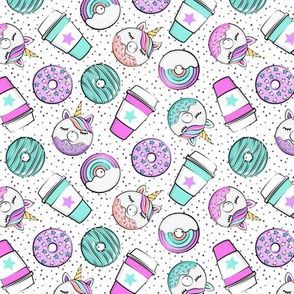(1.5" scale) Coffee and Unicorn Donuts - Rainbow and unicorn donuts toss -  polka dots - C21