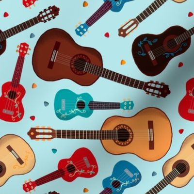 Classical Guitars and Ukeleles on Blue