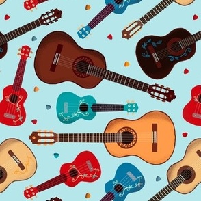 Classical Guitars and Ukeleles on Blue