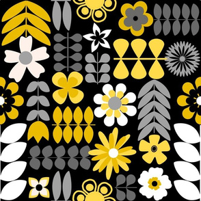 Scandinavian Flowers - Large Scale Yellow and Grey