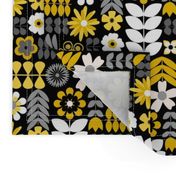 Scandinavian Flowers - Medium Scale Yellow and Grey