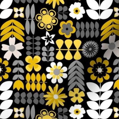 Scandinavian Flowers - Medium Scale Yellow and Grey