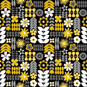 Scandinavian Flowers - Medium Scale Yellow and Grey