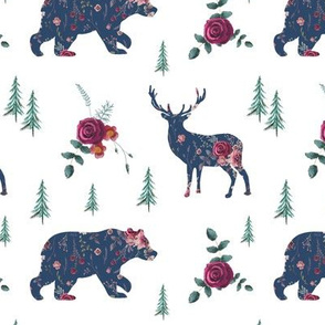 floral bear deer trees silhuettes white navy MED