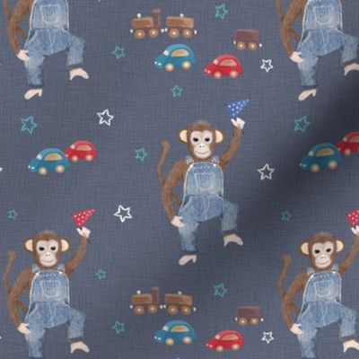 cheeky monkey with trains and cars blue, baby boy MED