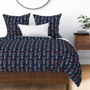 Farm mouse in shirt, red barn, hay, navy MED